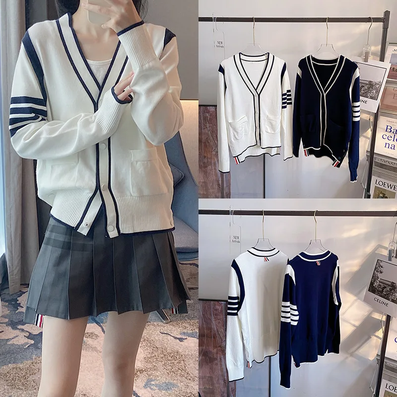 

High Quality Korean Fashion Trendy TB Cardigan Sweater Sweater Sweater Jacket White Line Contrast Casual