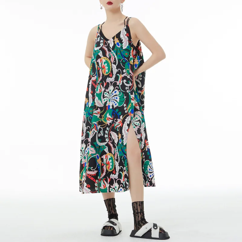 

French Style Floral Sling Dress for Women Summer Thin Sleeveless Loose Print A-line Beach Overknee Suspender Dress Female 86019