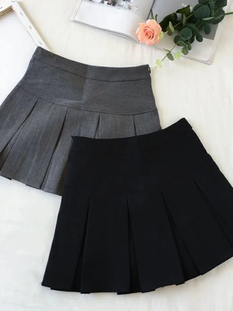 ZOKI Vintage Gray Pleated Skirt Women Kawaii High Waist Mini Skirts Korean Fashion School Uniform Harajuku Streetwear Spring 4