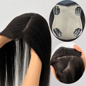 Topper per Capelli 100% Umani per Donne, Base in Seta, Simulazione Realistica del Cuoio Capelluto, con Clip, Parrucchino in Capelli Umani Remy per Donne