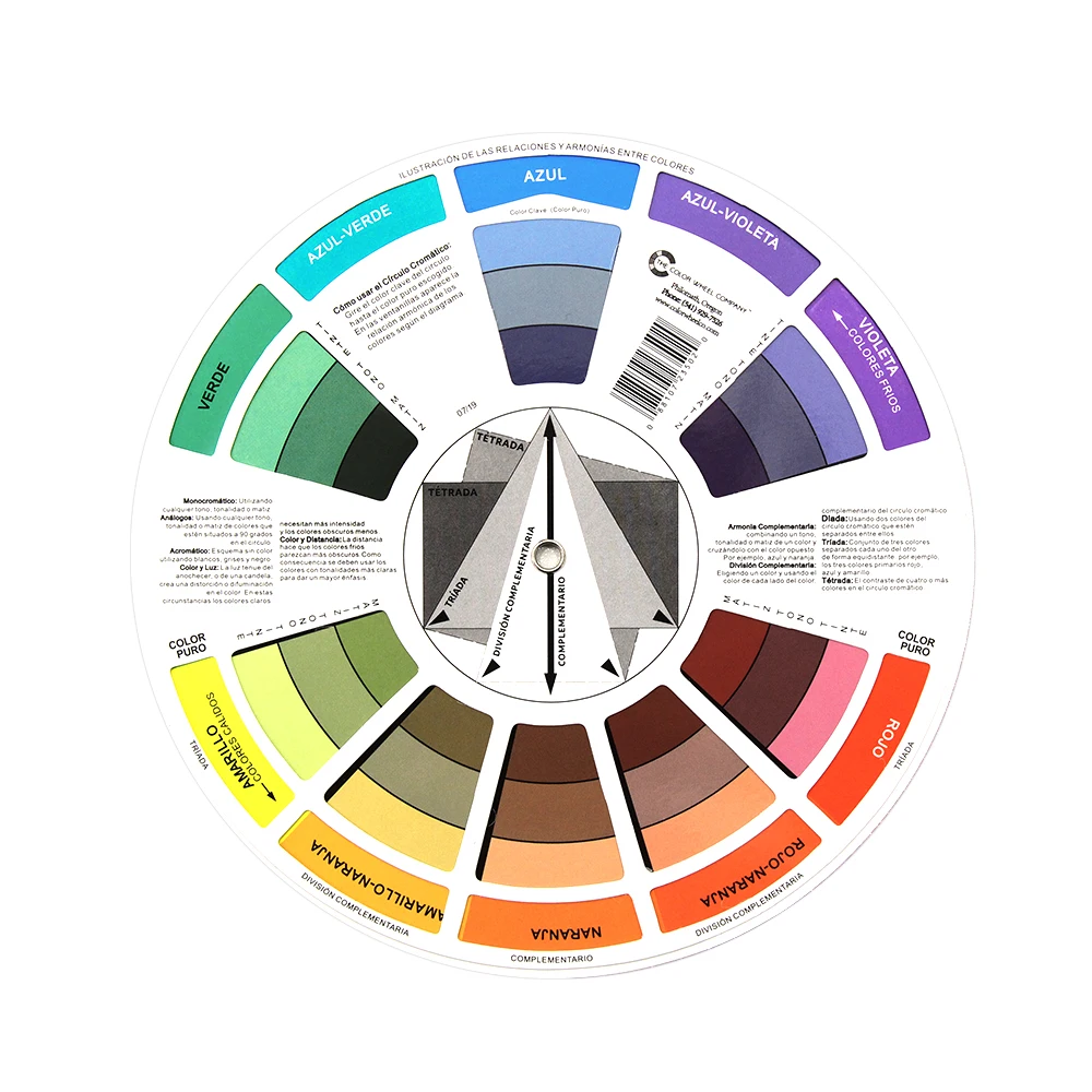 Chromatic Circle Spanish/English Chromatic Circle 12 Color Paper Card Wheel Three Tier Design Rotating Mini Chromatic Circle for Permanent Makeup