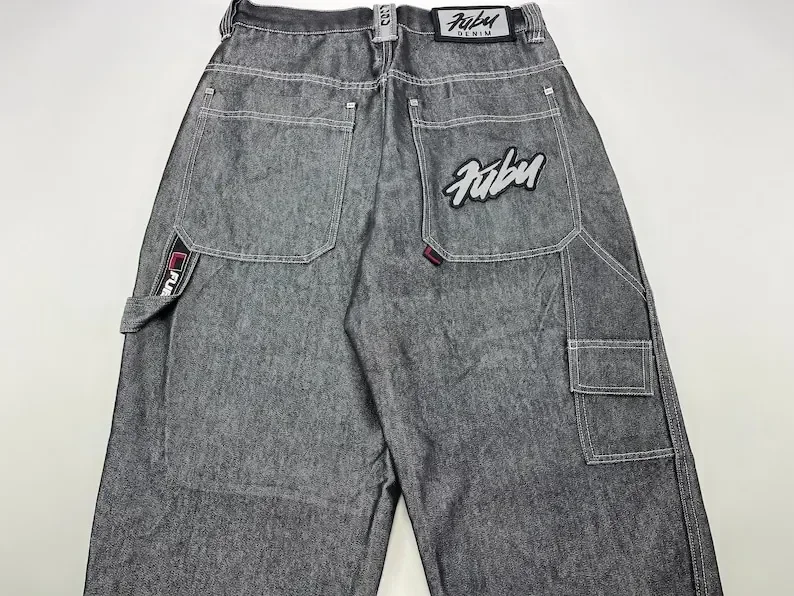 FUBU Jeans Retro Loose Jeans Pocket Embroidery Punk New Hip Hop Rock Men and Womens Streetwear Daily High Waisted Wide Leg Jeans 2