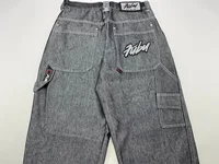 FUBU Jeans Retro Loose Jeans Pocket Embroidery Punk New Hip Hop Rock Men and Womens Streetwear Daily High Waisted Wide Leg Jeans 2