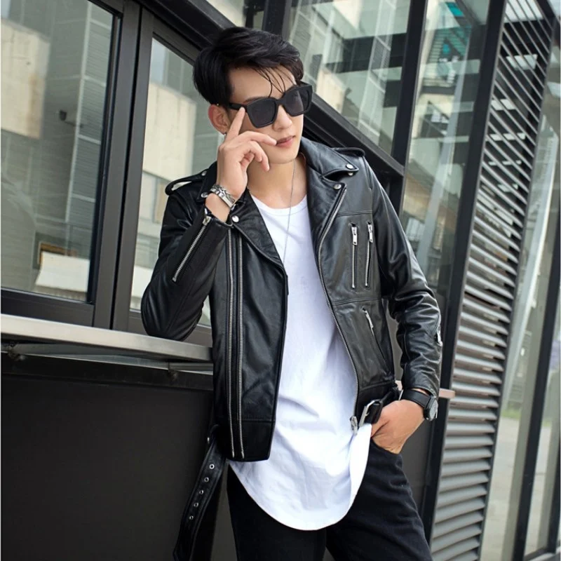 

Size 4XL Black Plus Motorcycle Leather Jacket Men Genuine Sheepskin Real Leather Slim Biker Coat Multi Zippers Streetwear Male