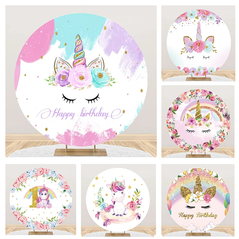 

Laeacco Unicorn Round Backdrop Rainbow Pink Floral Stars Girls Birthday Baby Shower Portrait Customized Photograohy Background