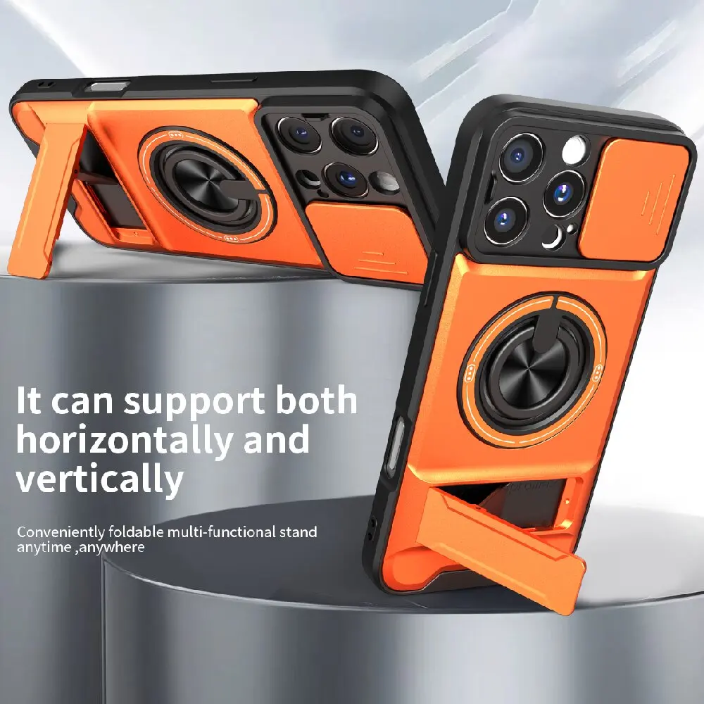 Armor Rugged Shockproof Magnetic Phone Case with Rotatable Ring Stand Cover and Camera Lens Protection