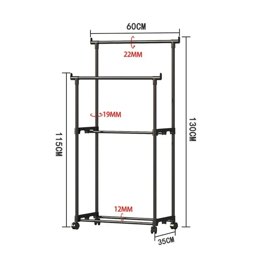 Clothes Rack Movable Double Rod Floor Bedroom Shelf Simple Assembly Multifunctional Household Hanger