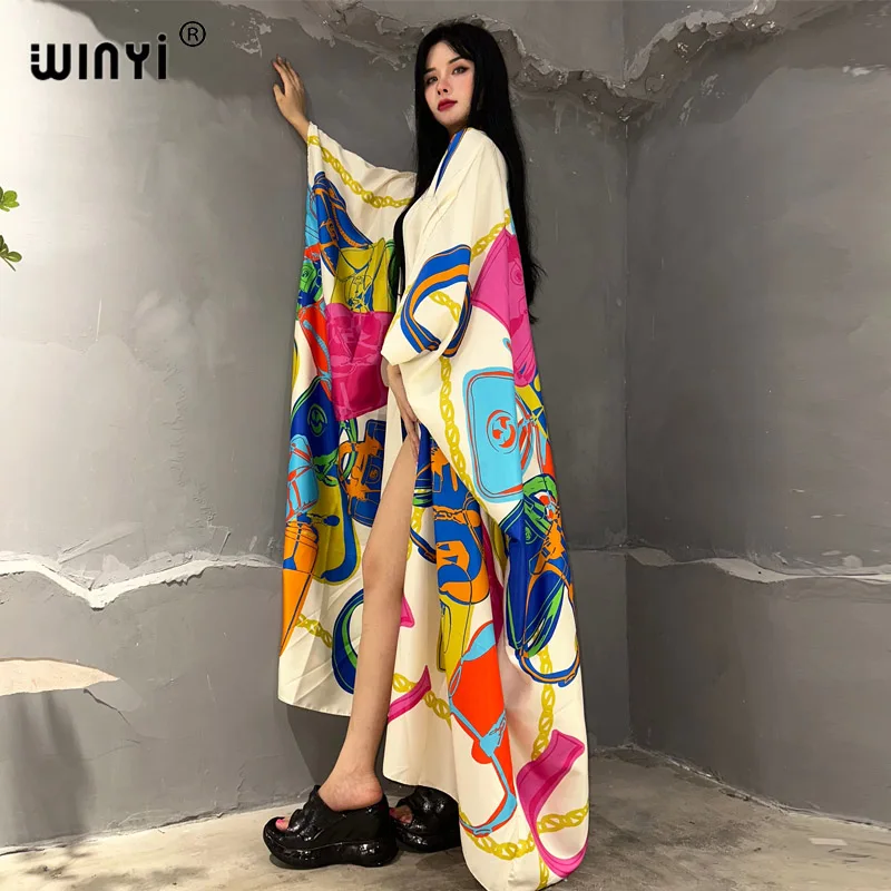 WINYI 기모노 여성용 아프리카 보호 프린트 비치 의상, 여름 커버 업 롱 코트, 우아한 코트, 여성용 비치 의상, 맥시 드레스