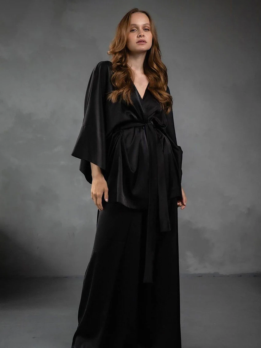 Marthaqiqi Long Sleeve Women Nightwear 3 Piece Set Sexy Lingerie Long Sleeve Pajamas V-Neck Lace Up Sleepwear Pants Nightie Suit