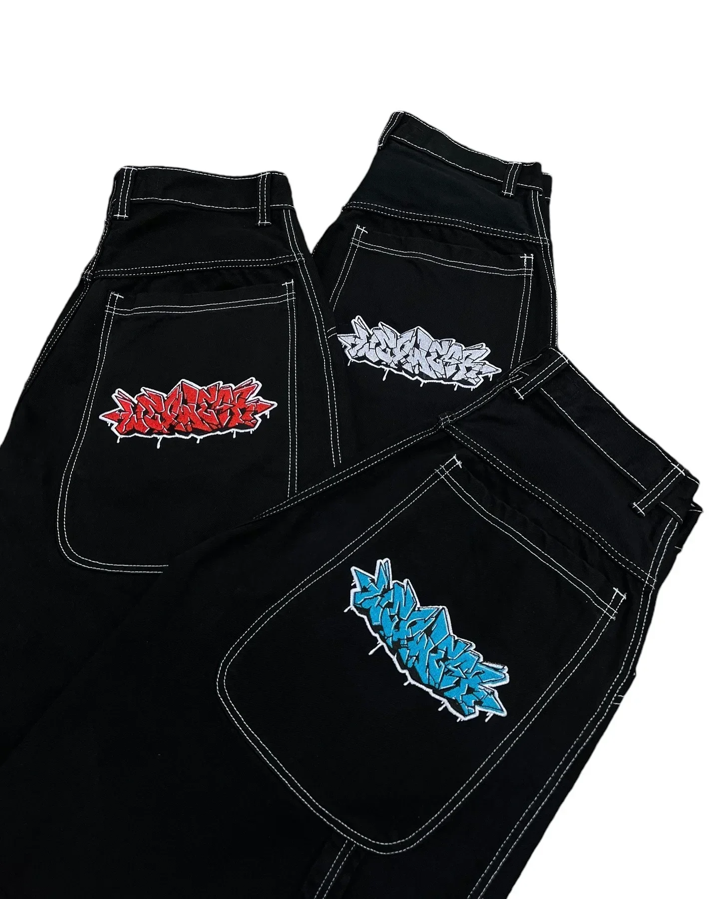 Vintage 2000s Wexwear Black Pants Men Women Hip Hop Embroidered Y2k Baggy Jeans Streetwear Harajuku High Waist Wide Trouser 3