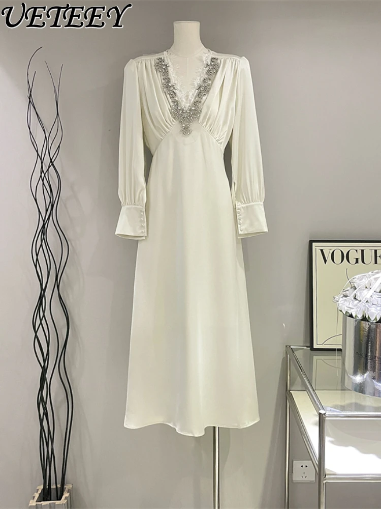 

2023 Spring Autumn New V-neck Long Sleeve Long Dress Heavy Industry Rhinestone High Waist Slimming Satin Midi Dress for Women