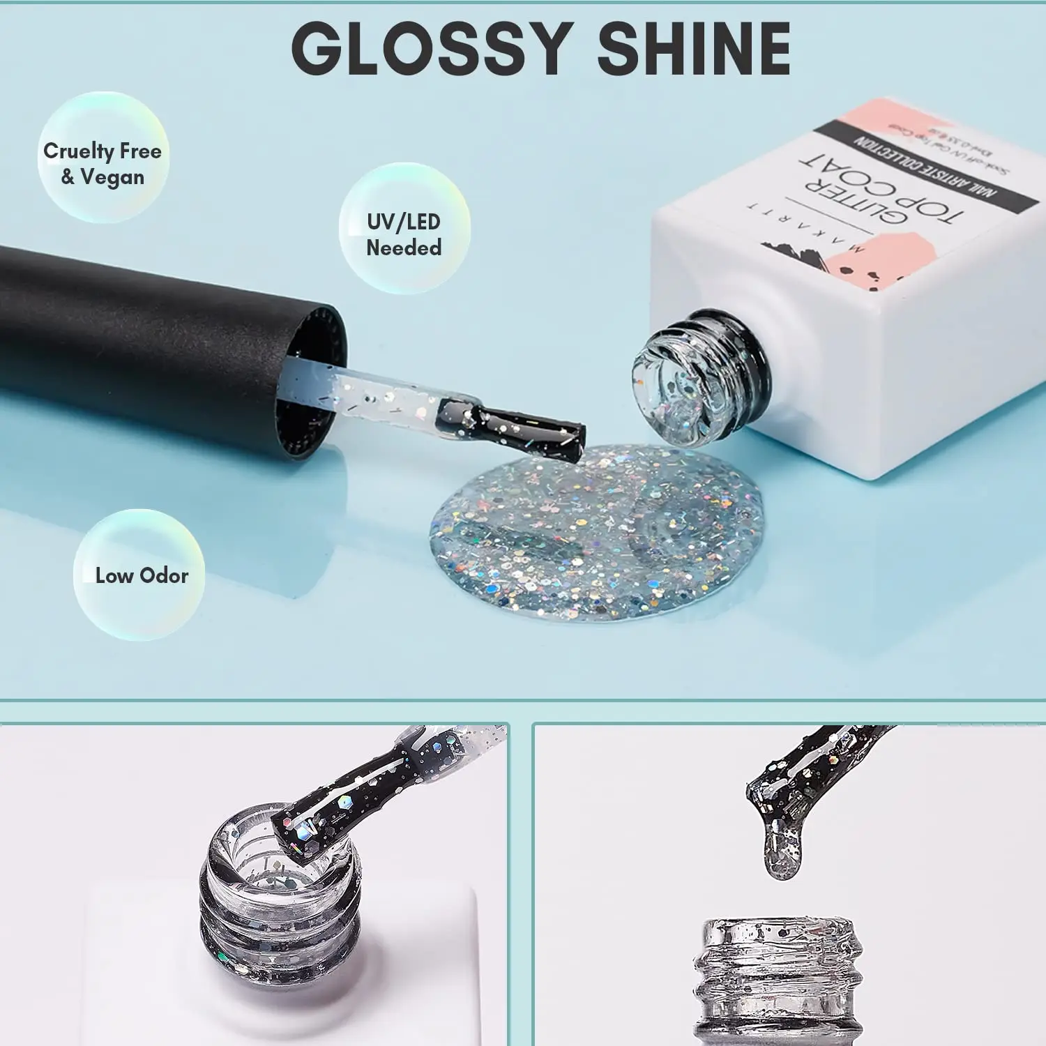 Glitter Gel Top Coat Nail Polish No Wipe Clear Glitter Gel Nail Polish Top Coat for Blooming Cat Eye Acrylic Powder
