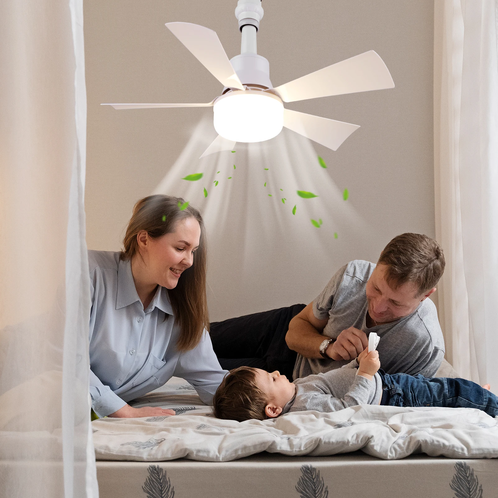 40W Socket Fan Light Screw Ceiling Fan with Light and Remote Adjustable Wind Speed Socket Ceiling Bulb for Bedroom