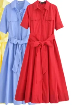 Women's Short Sleeve Shirt Dress With Casual Pockets Decoration Classic Long Dresses Summer Fashion Lapel Vestidos Para Mujer 1