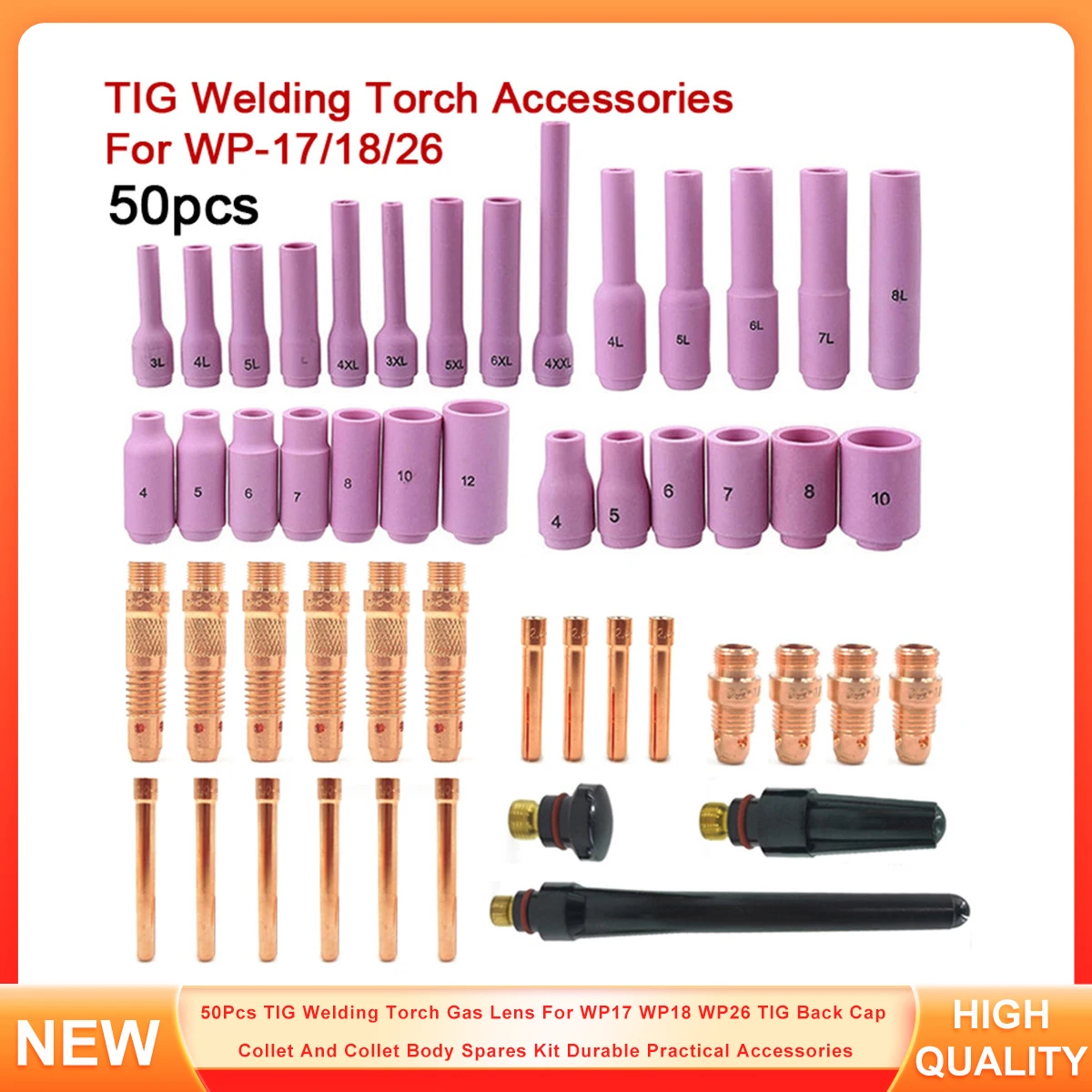 50Pcs TIG Welding Torch Gas Lens For WP17 WP18 WP26 TIG Back Cap Collet And Collet Body Spares Kit Durable Practical Accessories