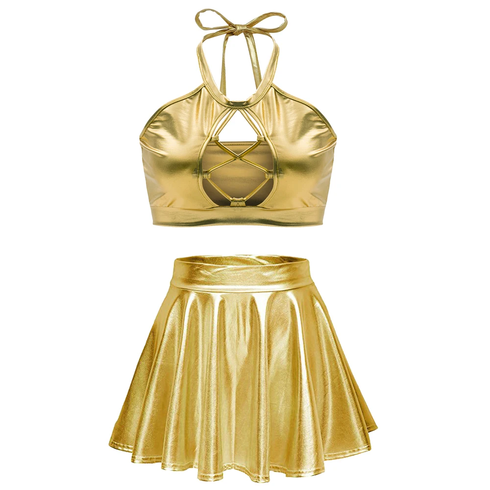thumbnail image 1 of Conjuntos de falda brillante metalizada para mujer, top corto con cuello halter erótico metalizado brillante y falda con volantes de cintura alta, ropa de club, 1 of 4