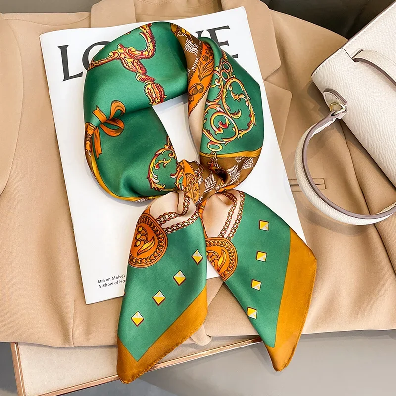 Luxury Brand Silk Square Plaid Scarf Women Satin Neck Hair Tie Band Soft Work Neckerchife 2021 NEW Hijab Head Female Foulard 4