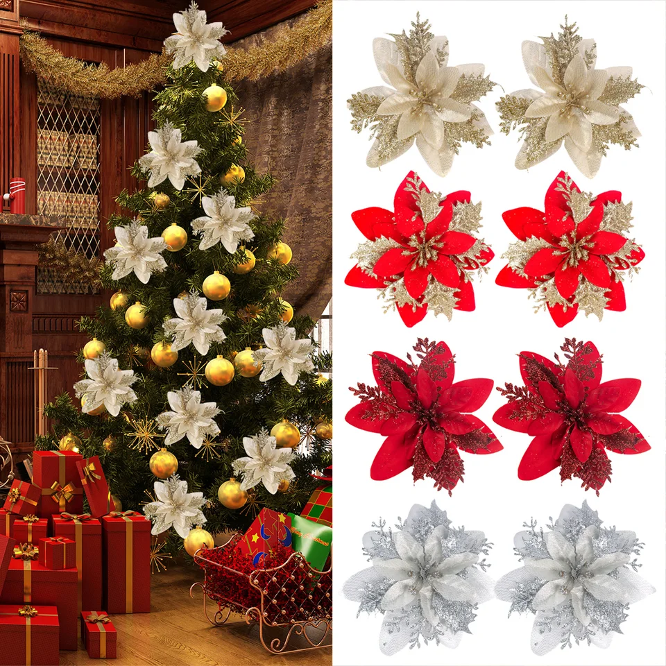 Fleurs De Poinsettia Artificielles Pour Arbre De Noël, 12