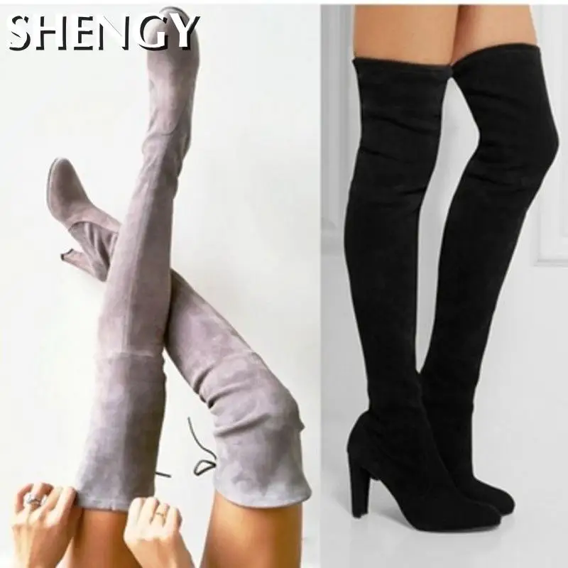 Women Long Boots High Heels Suede Lace Up Over The Knee Boots Autumn Winter Warm Shoes Female Slim Thigh High Party women high heel boots
