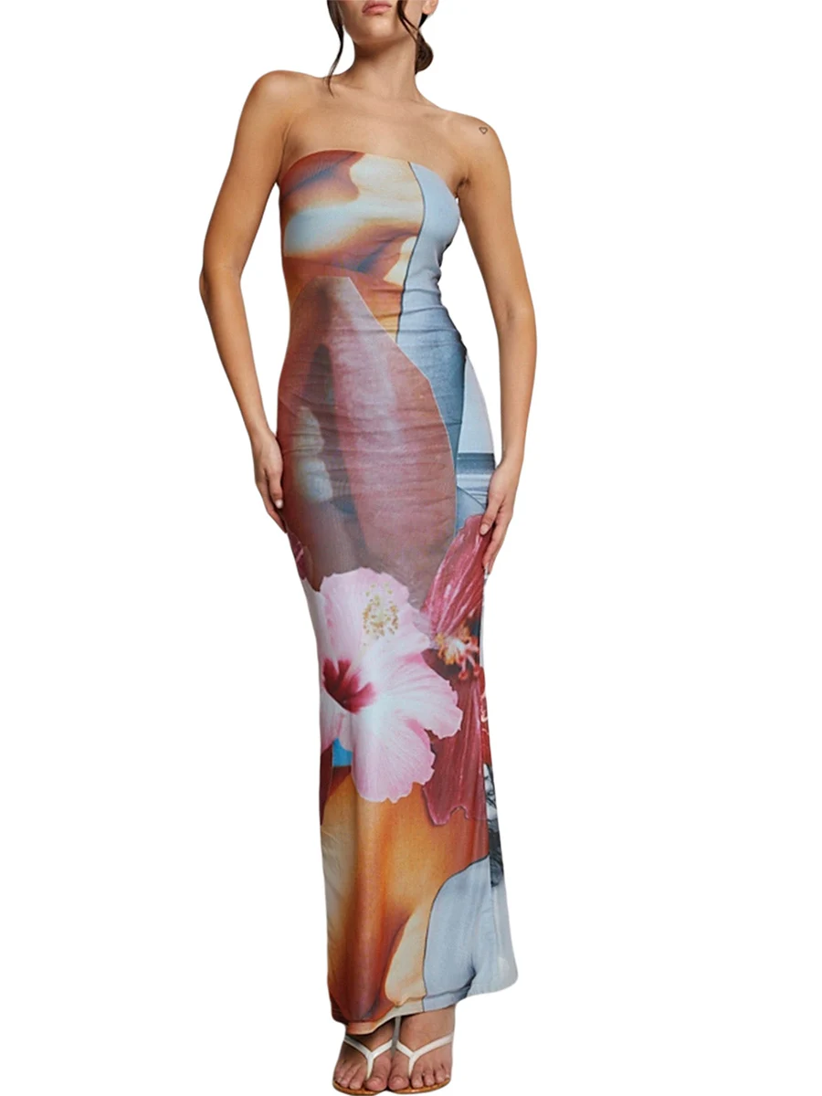 

Women Slip Cutout Backless Spaghetti Strap Low Cut Floral Print Bodycon Long Dresses Split Party Cocktail Dress