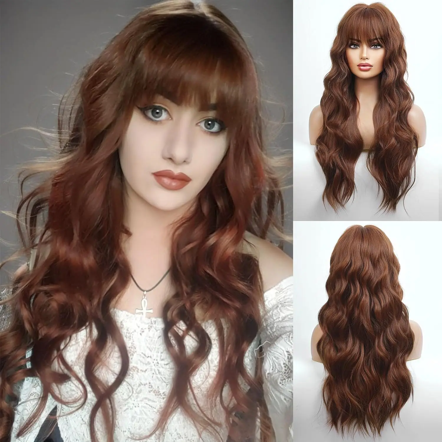 

LOUIS FERRE Dark Brown Long Wavy Natural Hair Women's Synthetic Wig With Bangs Long Water Wave Daily Cosplay Hair Heat Resistant