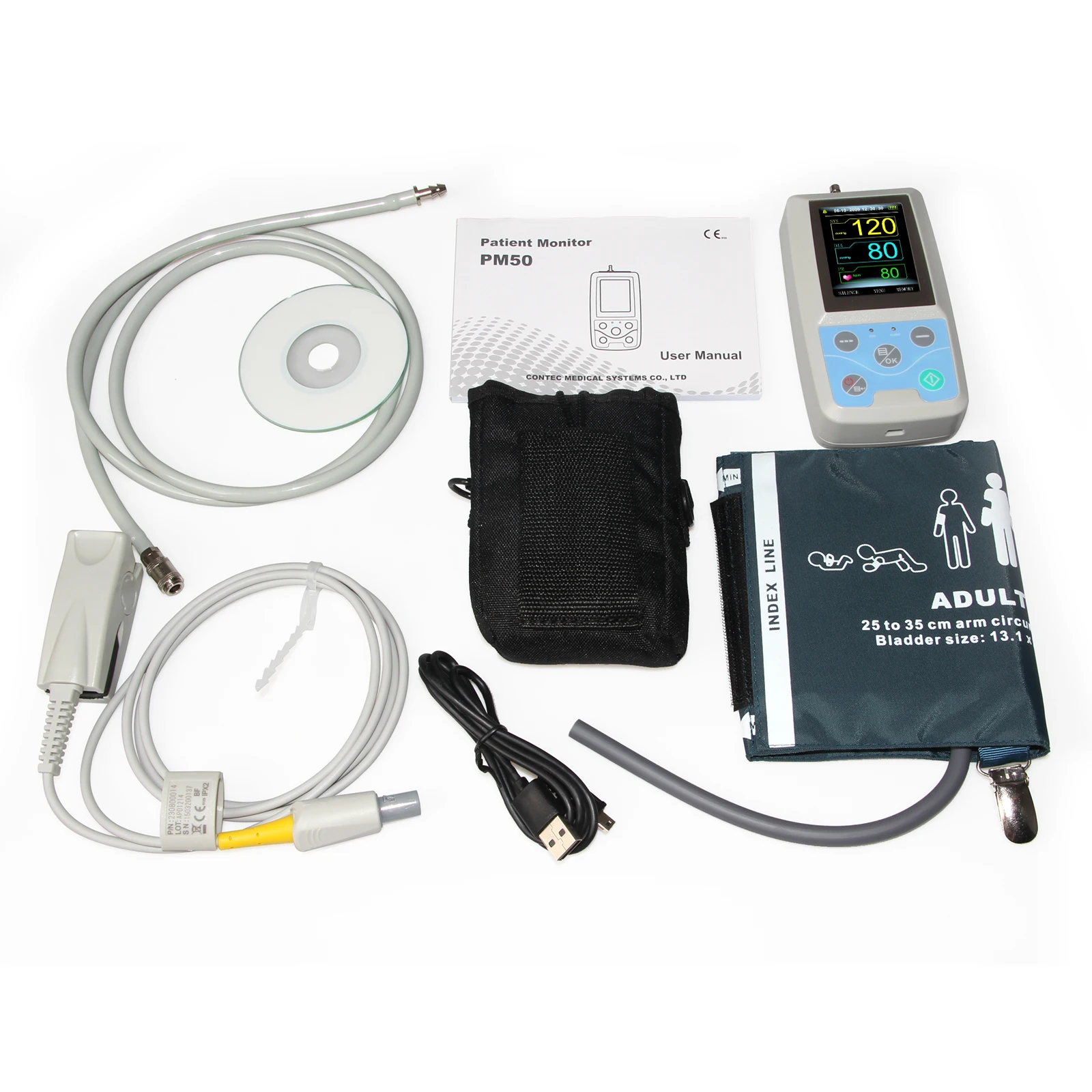CONTEC PM50 24Hour Portable Dynamic Patient Monitor ABPM+SPO2 AUTO Mode NIBP SPO2 Dispaly Low Battery Software