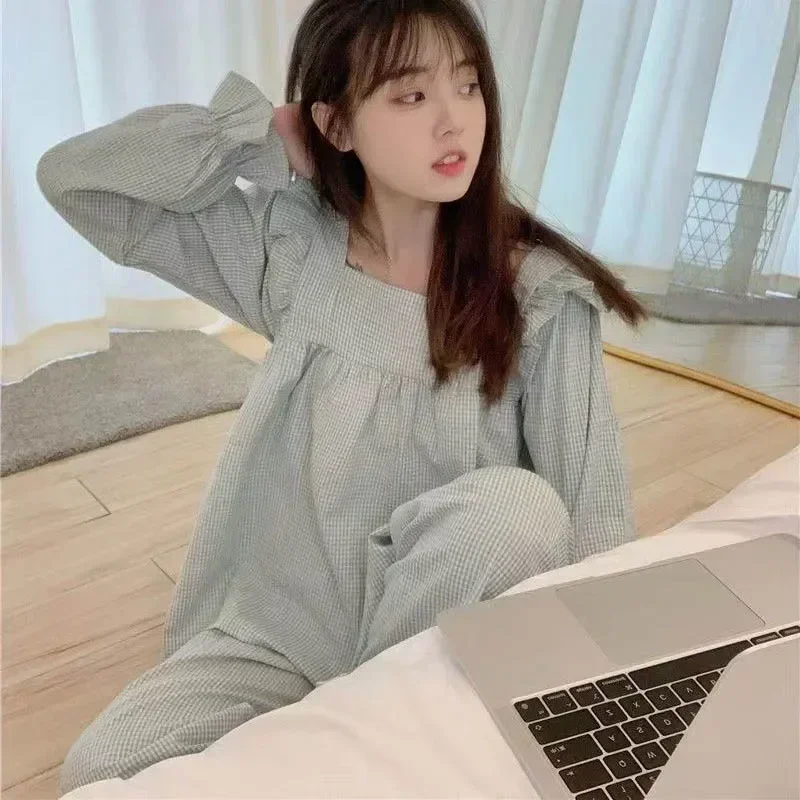 

Костюм женский с квадратным вырезом, стильная одежда для сна, клетчатая Пижама Piiama с оборками и длинным рукавом, Корейская Ночная Пижама, Осенние штаны, 2 комплекта