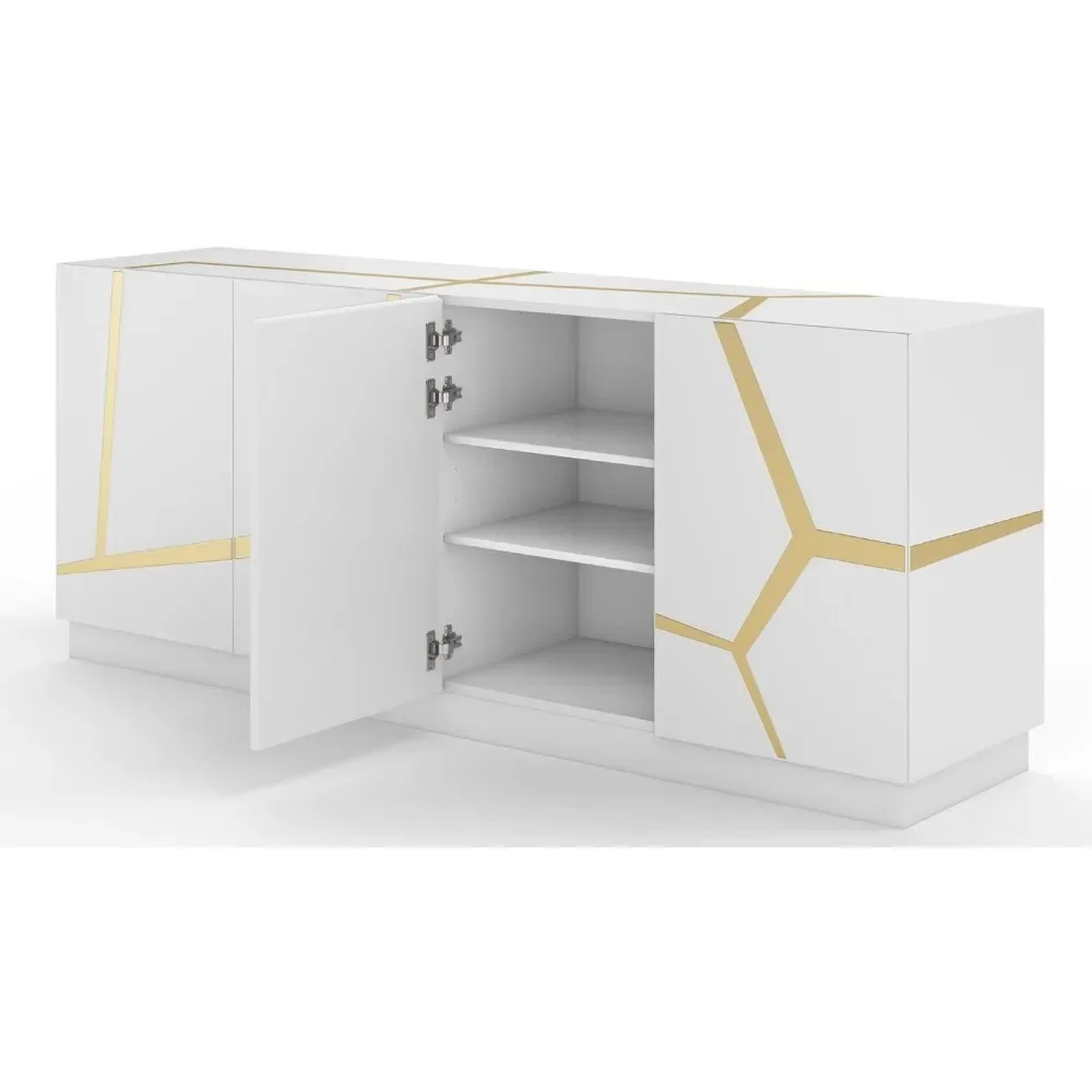 Reception Desks, 78.8" Wide Modern Staton Buffet Glossy White Lacquer with Champagne Gold Embellishments, Desks 4