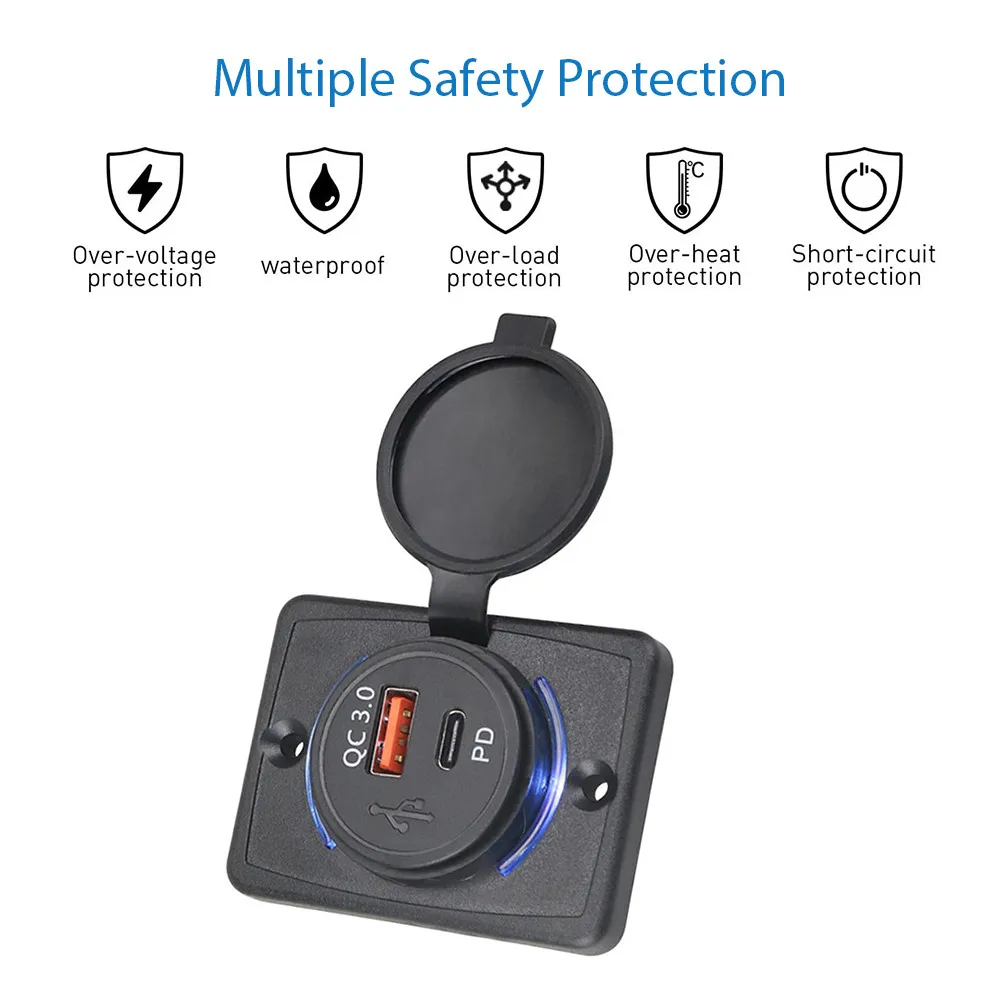 QC3.0 + 18WPD 자동차 충전기 듀얼 USB 어댑터 자동차 트럭 보트 ATV RV에 대 한 라운드 모양 방수 Soacket 전원 어댑터 스위치