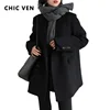 CHIC VEN Women Wool Blend Coat Solid Mid Long Woolen Blazer Thick Warm Blouse Women's Overcoat Office Lady Tops Autumn Winter 1