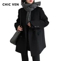 CHIC VEN Women Wool Blend Coat Solid Mid Long Woolen Blazer Thick Warm Blouse Women's Overcoat Office Lady Tops Autumn Winter 1