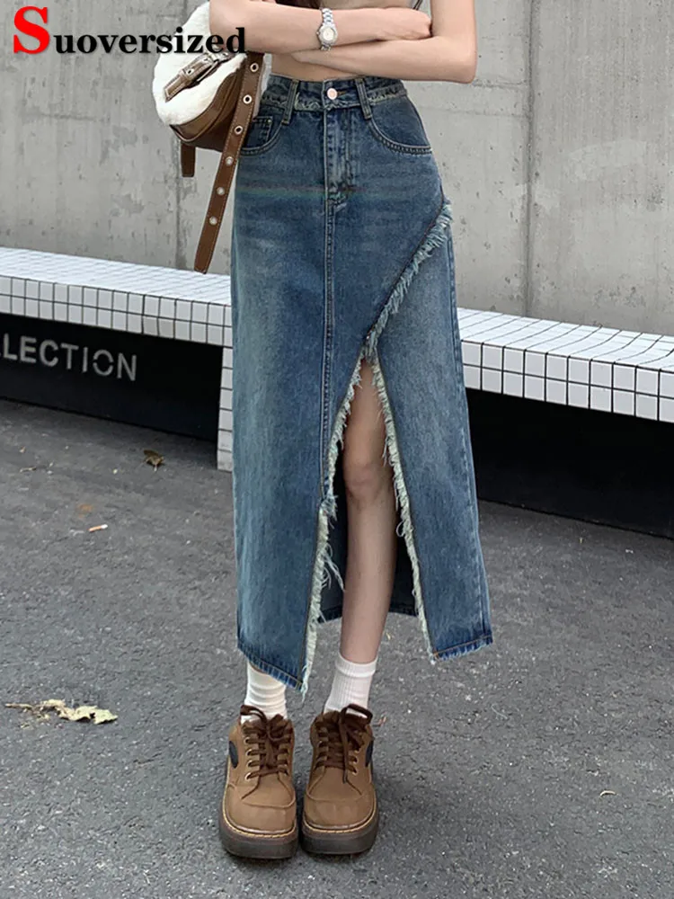 

Chic Split High Waist A-lined Midi Length Denim Skirt Korean Design Streetwear Irregular Faldas Women Spring Fall Vintage Saia