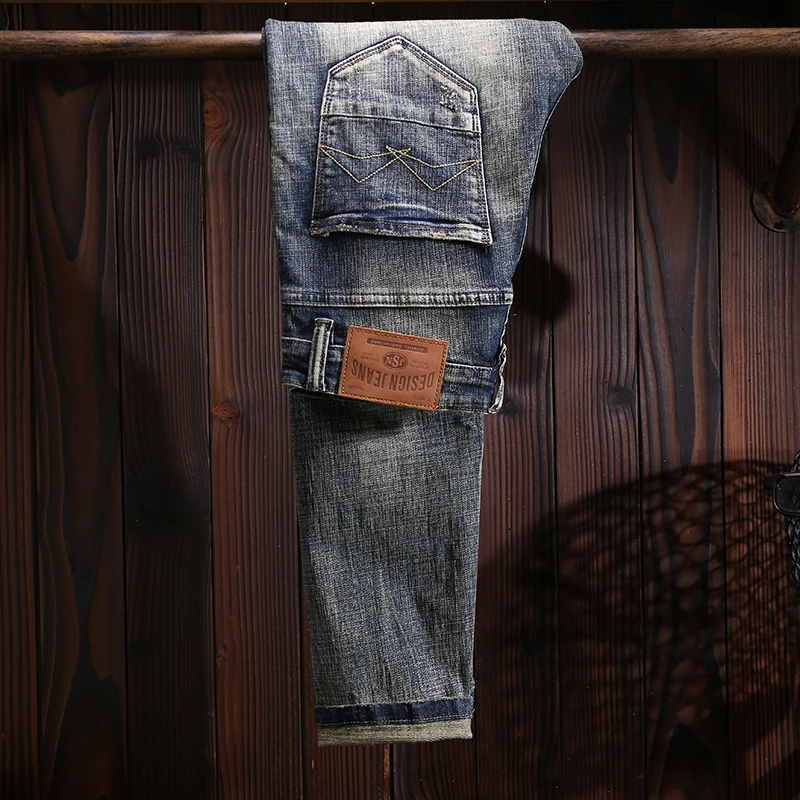 Italian Style Fashion Men Jeans Retro Wash Elastic Slim Fit Ripped Jeans Men Stretch Trousers Vintage Designer Denim Pants Homme