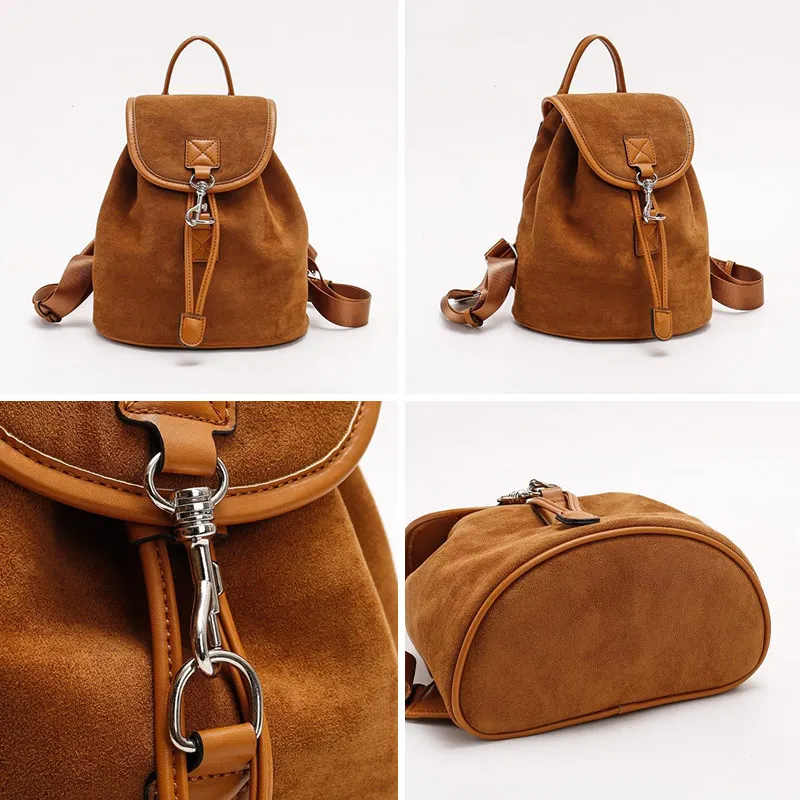 BEAUTODAY Brown Bags Women Flannel PU Solid Color Metal Buckle Retro Style Trend 2023 Versatile Ladies Backpacks 63009 6
