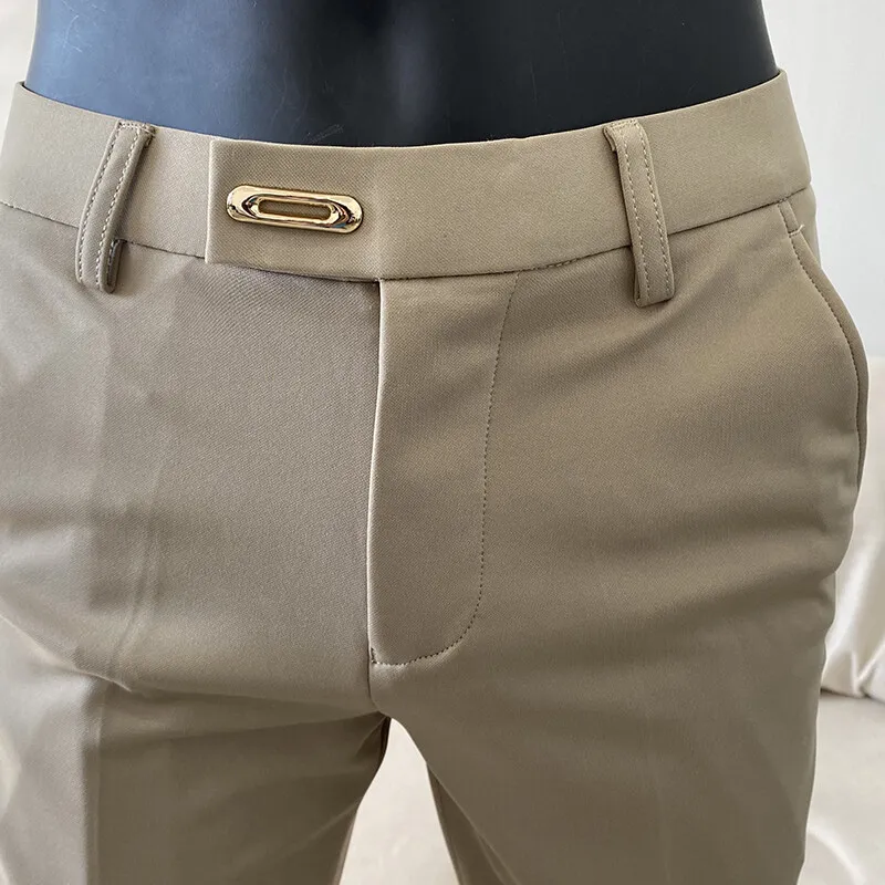 Men Suit Pant Autumn Solid Elastic Waist Dress Pants Cal&ccedil;a Masculina Men Slim Business Office Social Ankle Length Trousers stretch pants business pants suit pants men pants