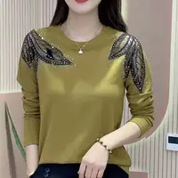 Commute Fashion Diamonds Patchwork Long Sleeve T-shirt Hollow Out Mesh Solid Color Casual Tops Pullovers Autumn Women's Clothing 1
