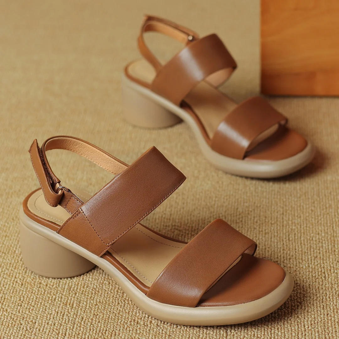 Women's genuine leather slingback slip-on hook&loop chunky heel platform sandals open toe female OL style casual sandals shoes