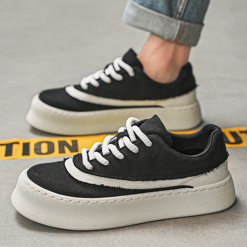 HKDQ Fashion Design Canvas Sneakers Men Black Platform Casual Men's Vulcanize Shoes Summer Breathable Lace-up Leisure Shoes Man