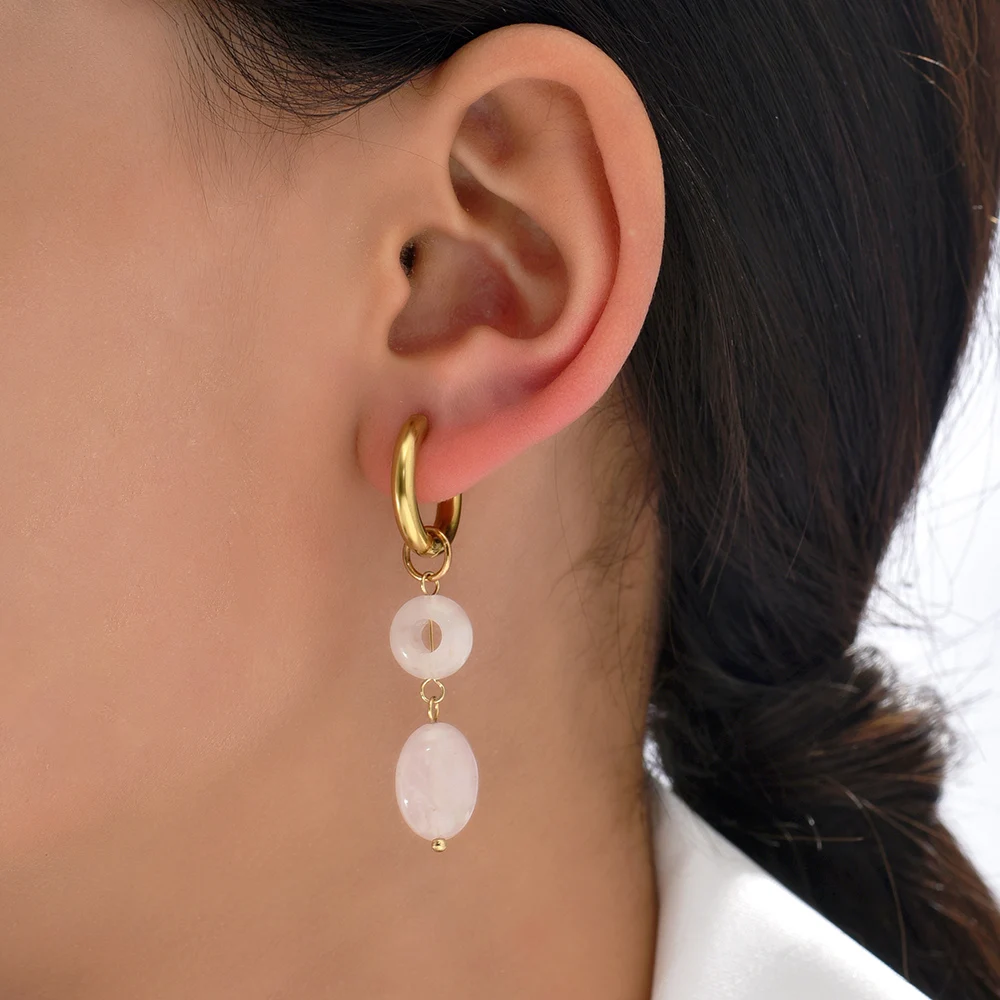 Multicolor Natural Stone Geometric Square Heart Beads Earring for Women Girls Stainless Steel Small Round Hoops Bohemia Jewelry