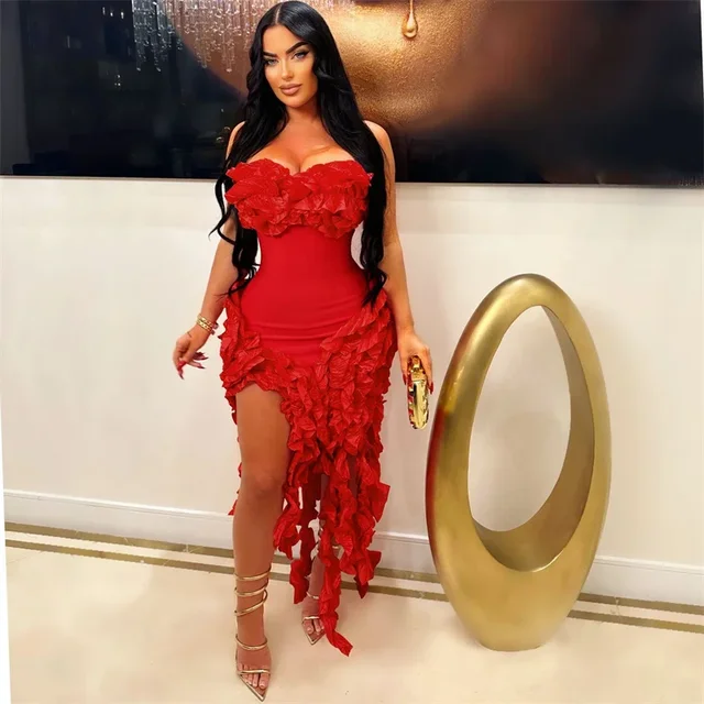 Robe d'anniversaire élégante à volants et franges pour femmes, tenue de soirée longue de célébrité, irrégulière, sans bretelles, sans manches, 2024
