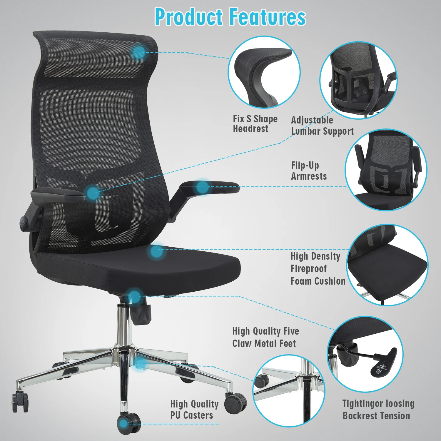 Ergonomic Home Office Chair, High Back Desk Chair - Fixed Headrest with Flip-Up Arms, Tilt Function, Lumbar Support and PU Wheel 3