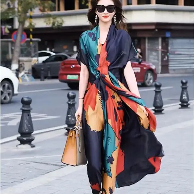 

SuperAen High-end Custo Silk Dress Summer 2023 New Short Sleeve Vintage Print Silk Long Dress