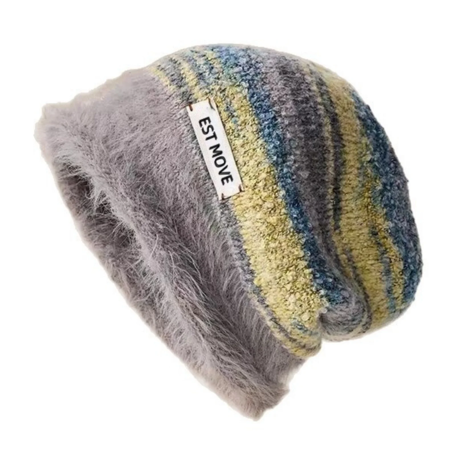1PC Furry Knitted Beanie Hat, Warm Striped Winter Cap , Trendy Casual Headwear For Women, Cross - Border Fashion Accessory