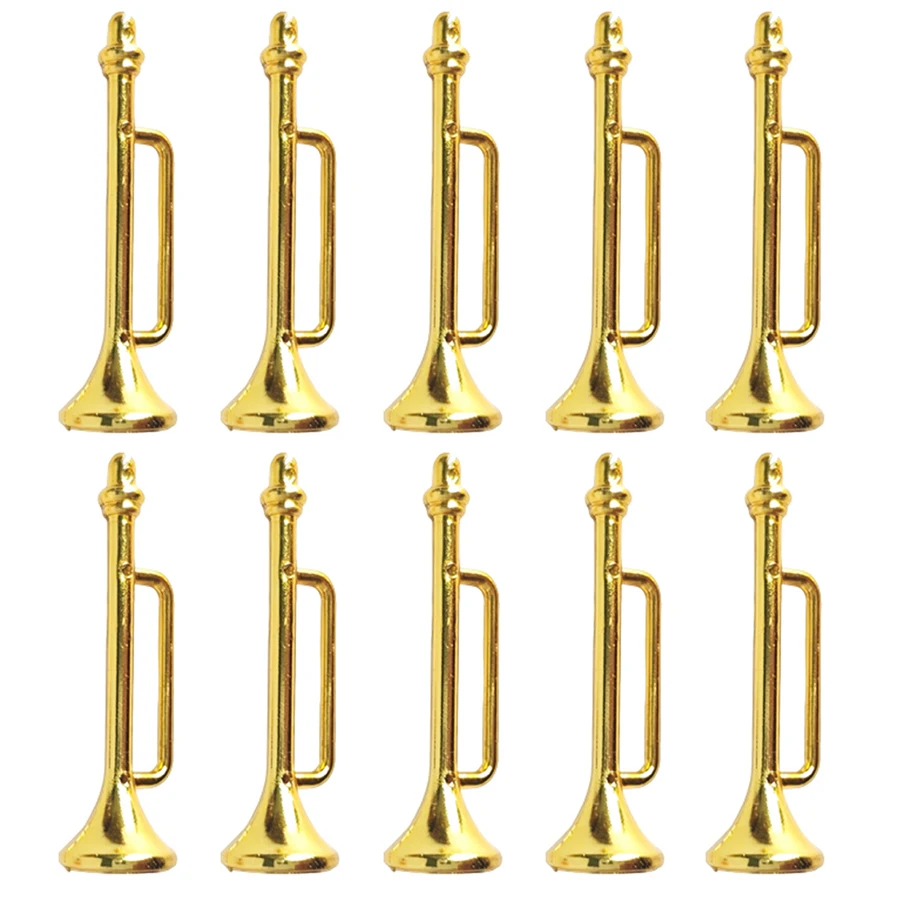 10pcs 4.3cm Plastic Mini Golden Trumpet Ornament Miniature Decorative Crafts Dollhouse Desktop Miniature Scene Accessory ﻿