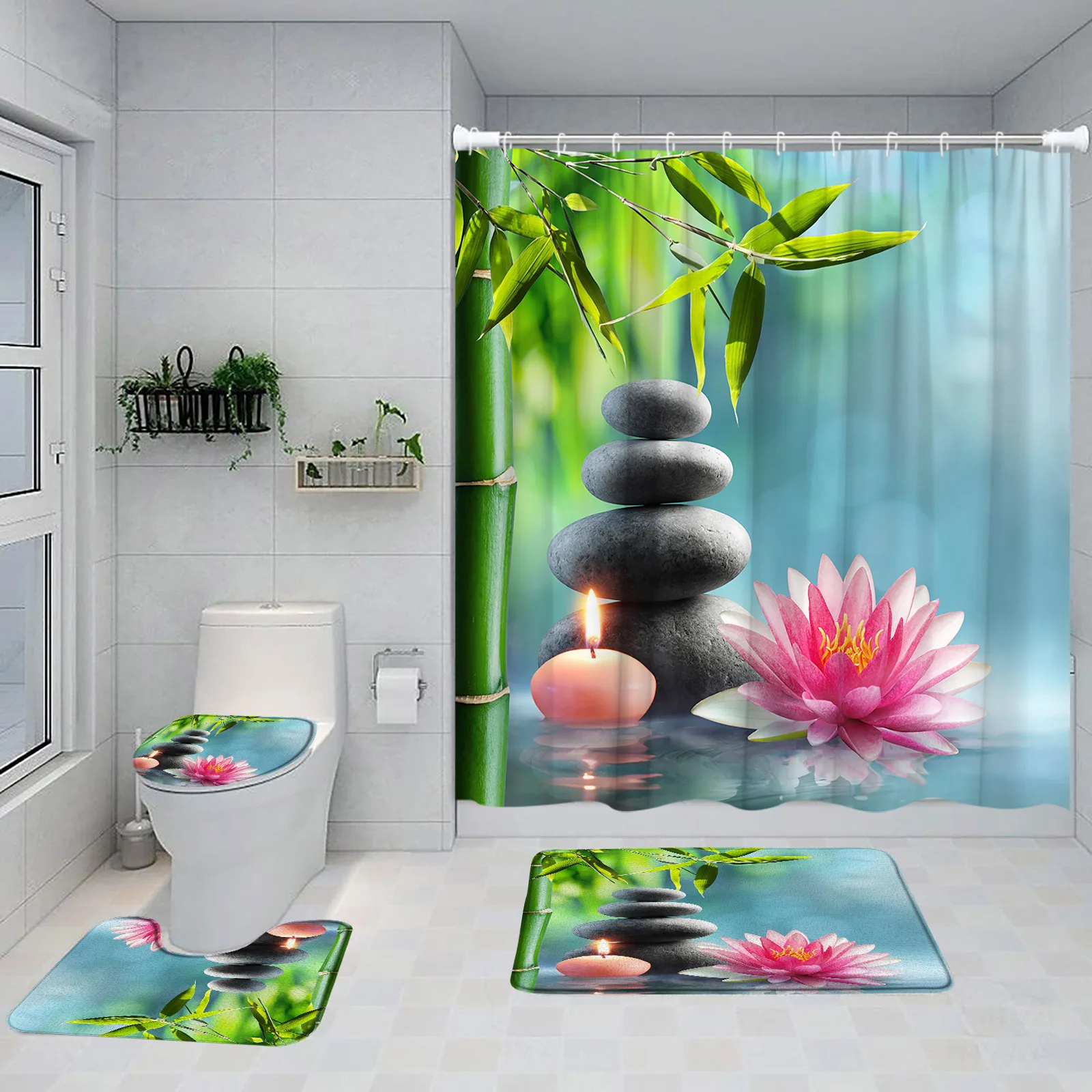  YinTonne Zen Shower Curtains Green Bamboo Purple Flower Stone  Reflection Water Landscape Spa Garden Pattern Print Bathroom Accessories  Cloth Curtain Set 70 x 80 Inch W70xH80 Inch W180xH200 cm : Everything Else