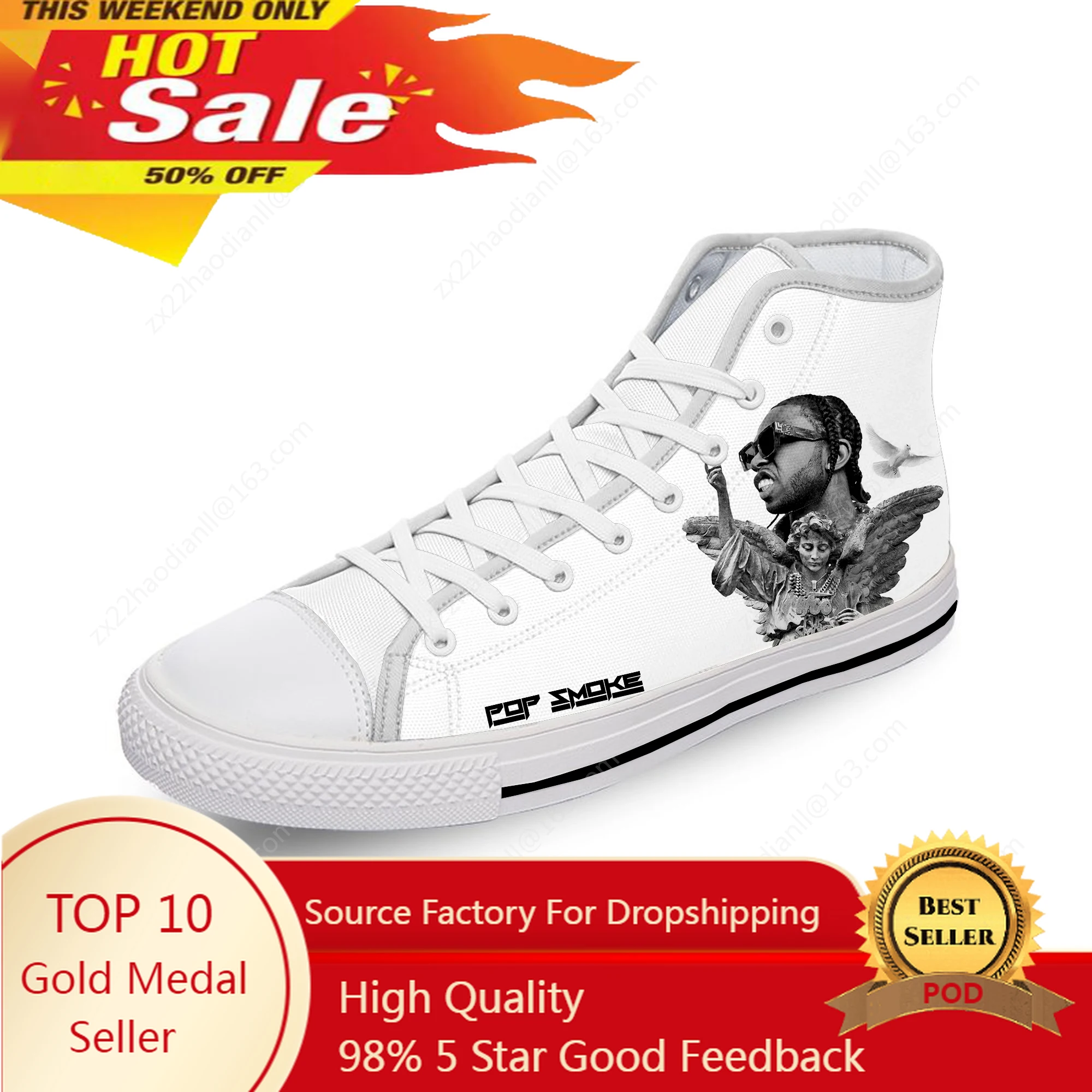 

Pop Smoke Rap Rapper Hip Hop Music White Cloth Fashion 3D Print High Top Canvas Shoes Men Women Lightweight Breathable Sneakers