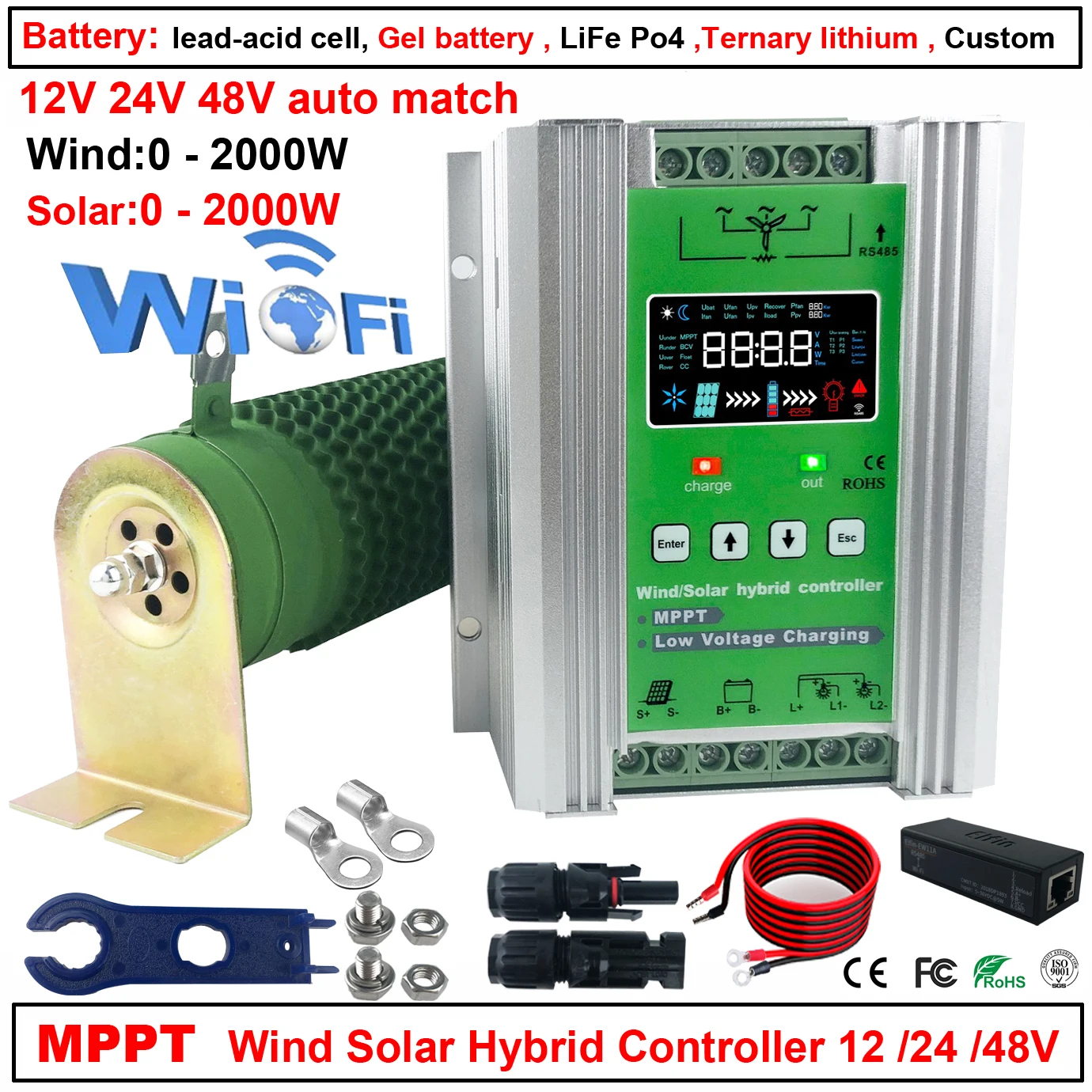 

4000W Wind Solar Hybrid System MPPT Charge Controller With Dump Load 2000w Wind Turbine 2000W Solar Panel 12V 24V 48V Regulator