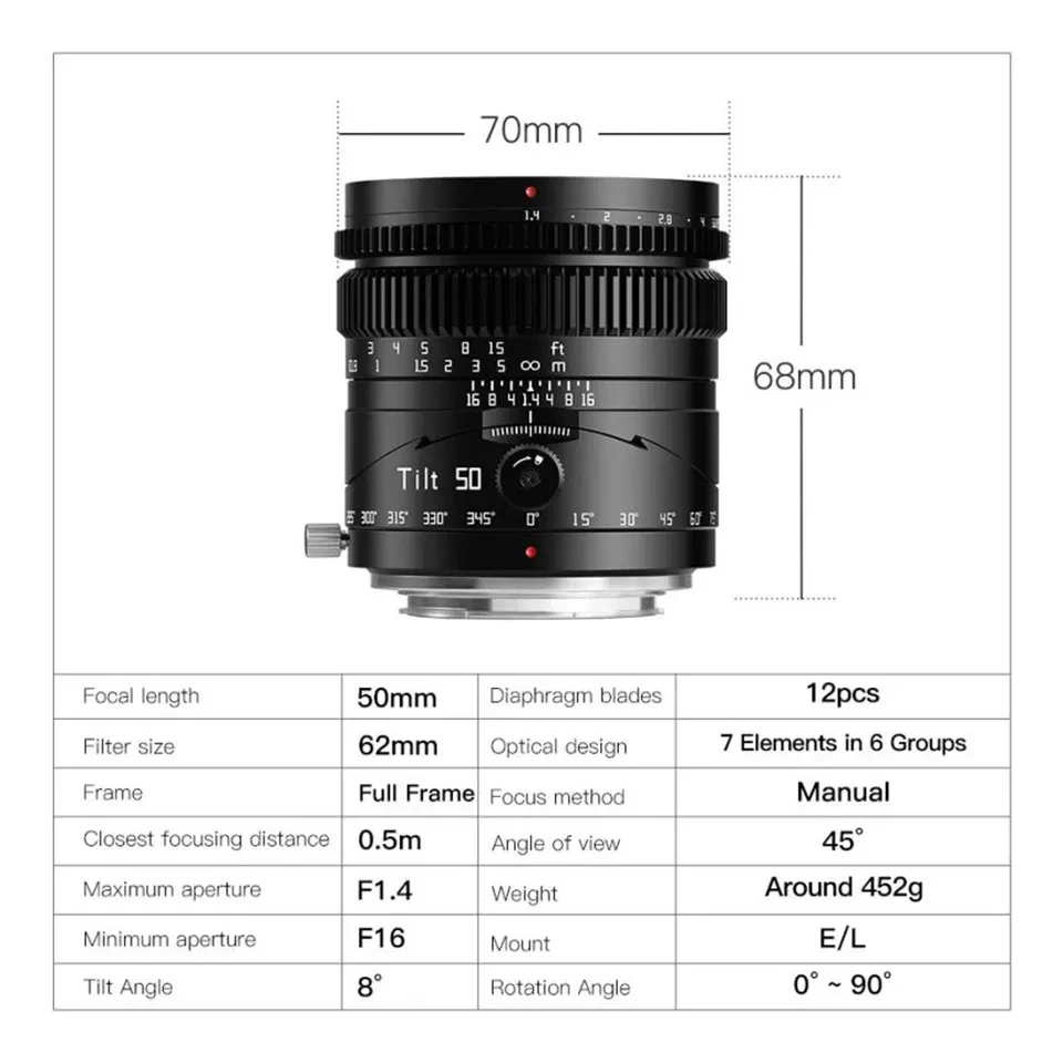 TTArtisan Tilt 50mm F1.4 MF 풀프레임 카메라 렌즈 (스튜디오 사진 촬영용, E, 니콘 Z, 후지필름 XF, M43 L-마운트 호환)