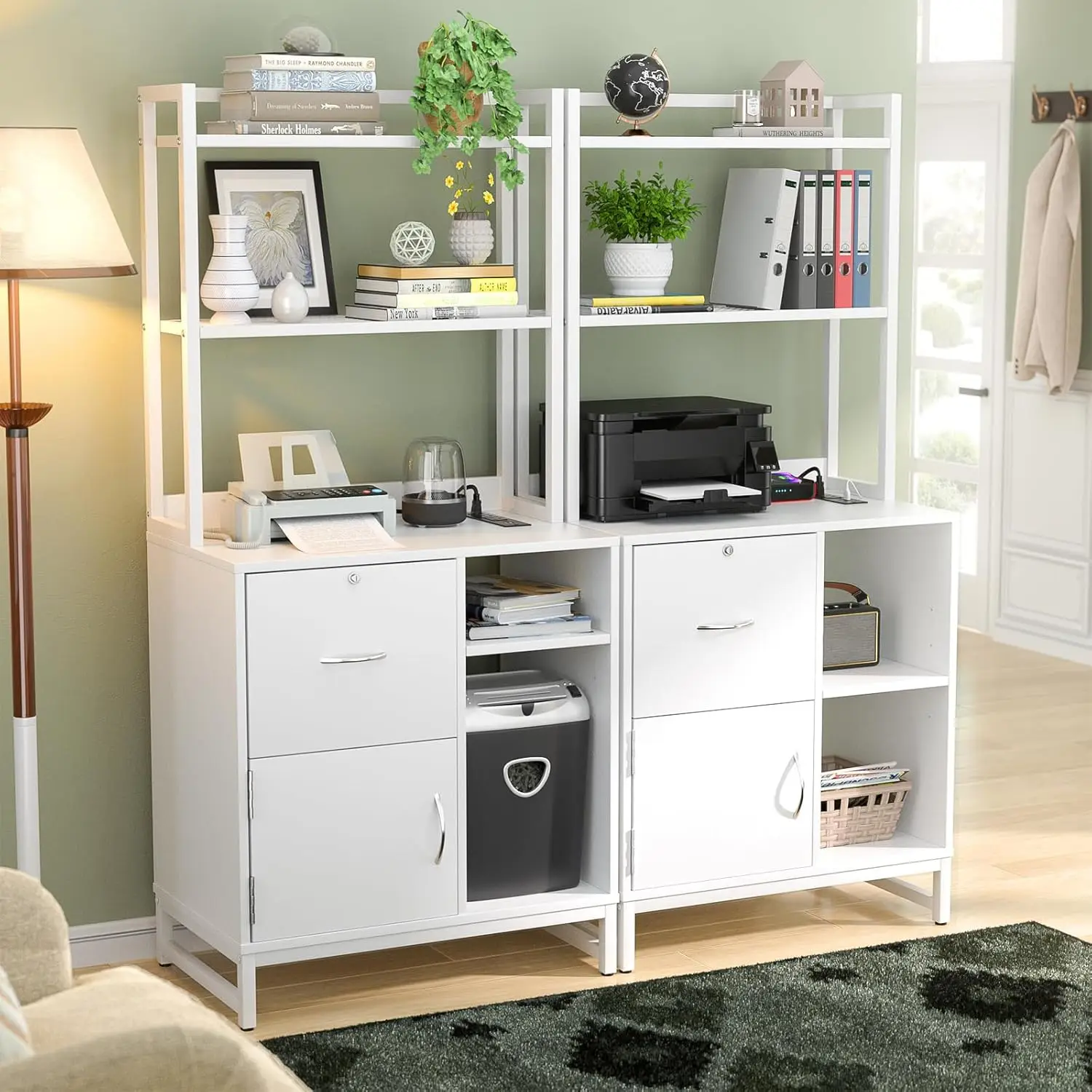 Vertical Filing Cabinet with Lock & Charging Station, Large Drawer Wood File Cabinet with Bookshelf