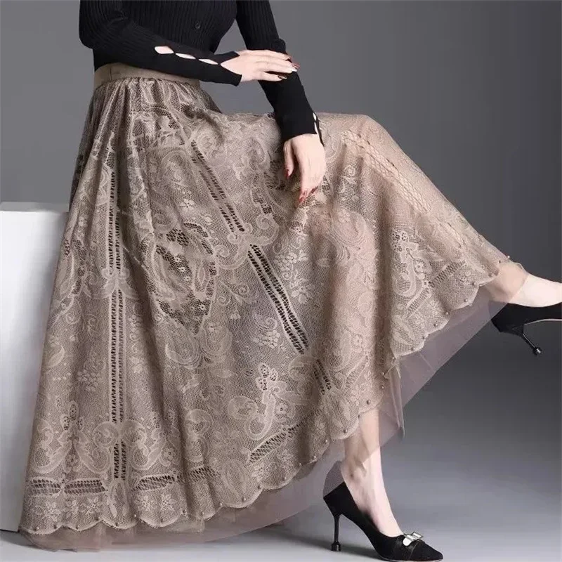 2024 Lace Long Skirt Women Spring Summer Elastic High Waist A-Line Hollow Out Studded Long Skirt Female Elegant Lace Midi Skirt zuoman new red wool knitting dress female autumn winter 2024 v is gotten loose long hair dress knee length dress